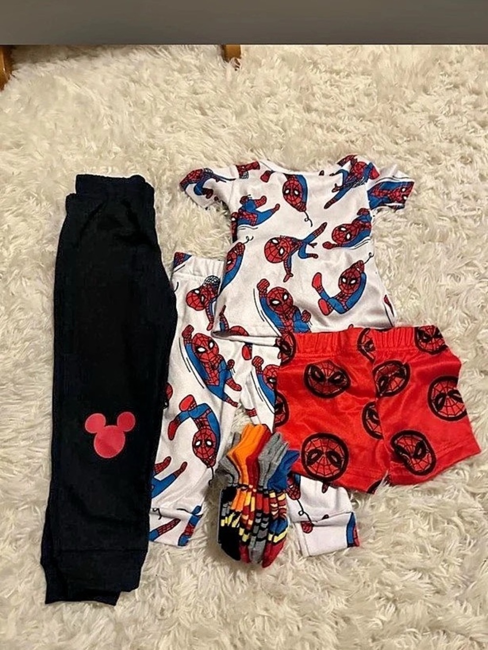 12M Marvel Spiderman Pajamas, 2T Disney Mickey Mouse Sweatpants, and Superhero S